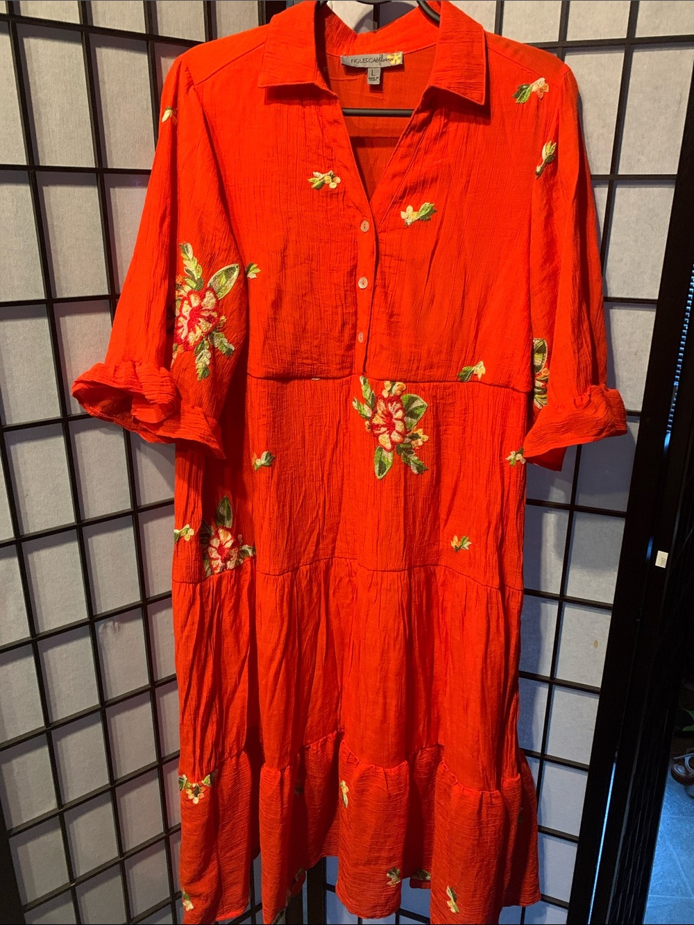 Figueroa & Flower Orange Floral Button-Front Tiered Dress Size L